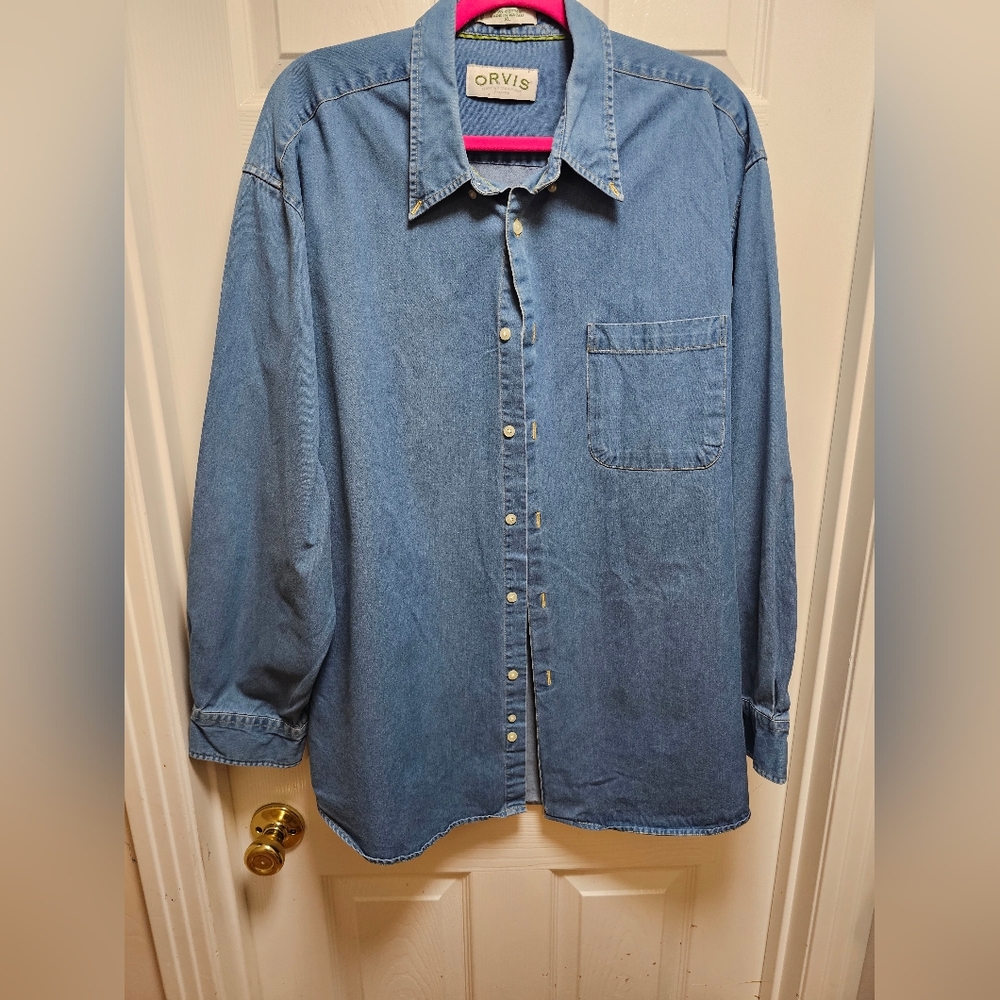 Orvis Denim Shirt XL 100% Cotton Long Sleeve Button Front Blue – Excellent Condi